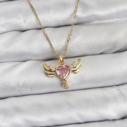 Mey İthalat® 316L Çelik Zincir Gold Renk Kanatlı Kalp Model Zirkon Taşlı Kadın Kolye