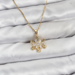 Mey İthalat® 316L Çelik Zincir Gold Renk Kar Tanesi Model Zirkon Taşlı Kadın Kolye