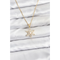 Mey İthalat® 316L Çelik Zincir Gold Renk Kar Tanesi Model Zirkon Taşlı Kadın Kolye