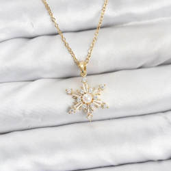 Mey İthalat® 316L Çelik Zincir Gold Renk Kar Tanesi Model Zirkon Taşlı Kadın Kolye