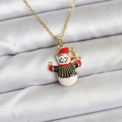 Mey İthalat® 316L Çelik Zincir Gold Renk Kardan Adam Figürlü Yılbaşı Temalı Kadın Kolye