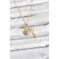 Mey İthalat® 316L Çelik Zincir Gold Renk Kilit Anahtar Model Zirkon Taşlı Kadın Kolye