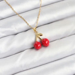 Mey İthalat® 316L Çelik Zincir Gold Renk Kiraz Model Kadın Kolye