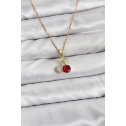 Mey İthalat® 316L Çelik Zincir Gold Renk Kiraz Model Zirkon Taşlı Kadın Kolye