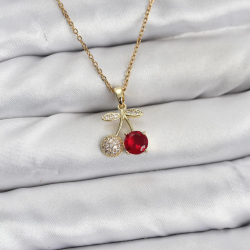 Mey İthalat® 316L Çelik Zincir Gold Renk Kiraz Model Zirkon Taşlı Kadın Kolye