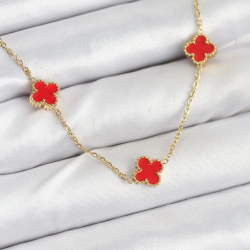 Mey İthalat® 316L Çelik Zincir Gold Renk Kırmızı Baby Boy Yonca Kadın Kolye