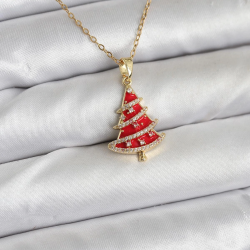 Mey İthalat® 316L Çelik Zincir Gold Renk Kırmızı Çam Ağacı Model Yılbaşı Temalı Kadın Kolye