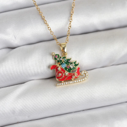 Mey İthalat® 316L Çelik Zincir Gold Renk Kızak ve Çam Ağacı Figürlü Yılbaşı Temalı Kadın Kolye