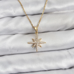 Mey İthalat® 316L Çelik Zincir Gold Renk Kutup Yıldızı Model Zirkon Taşlı Kadın Kolye