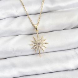 Mey İthalat® 316L Çelik Zincir Gold Renk Kutup Yıldızı Model Zirkon Taşlı Kadın Kolye