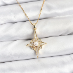 Mey İthalat® 316L Çelik Zincir Gold Renk Kutup Yıldızı Model Zirkon Taşlı Kadın Kolye
