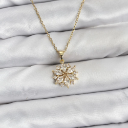 Mey İthalat® 316L Çelik Zincir Gold Renk Lotus Model Zirkon Taşlı Kadın Kolye