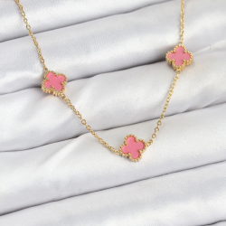 Mey İthalat® 316L Çelik Zincir Gold Renk Pembe Baby Boy Yonca Kadın Kolye