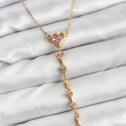 Mey İthalat® 316L Çelik Zincir Gold Renk Pembe Kalp Kadın Kolye