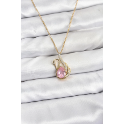 Mey İthalat® 316L Çelik Zincir Gold Renk Pembe Kuğu Model Zirkon Taşlı Kadın Kolye