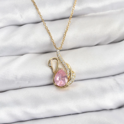 Mey İthalat® 316L Çelik Zincir Gold Renk Pembe Kuğu Model Zirkon Taşlı Kadın Kolye