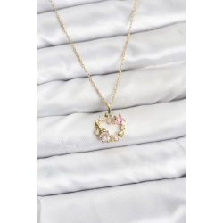 Mey İthalat® 316L Çelik Zincir Gold Renk Pembe Taş Detaylı Çelenk Model Kadın Kolye