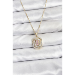 Mey İthalat® 316L Çelik Zincir Gold Renk Plaka Model Zirkon Taşlı Kadın Kolye