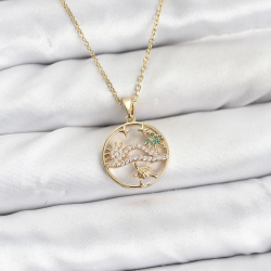 Mey İthalat® 316L Çelik Zincir Gold Renk Şans Kolyesi Model Zirkon Taşlı Kadın Kolye