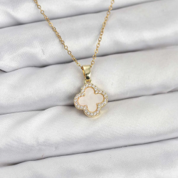 Mey İthalat® 316L Çelik Zincir Gold Renk Sedefli Yonca Kadın Kolye