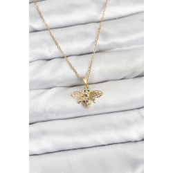 Mey İthalat® 316L Çelik Zincir Gold Renk Sinek Model Zirkon Taşlı Kadın Kolye
