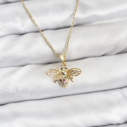 Mey İthalat® 316L Çelik Zincir Gold Renk Sinek Model Zirkon Taşlı Kadın Kolye