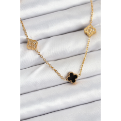 Mey İthalat® 316L Çelik Zincir Gold Renk Siyah ve Zirkon Taşlı Baby Boy Yonca Kadın Kolye