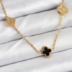 Mey İthalat® 316L Çelik Zincir Gold Renk Siyah ve Zirkon Taşlı Baby Boy Yonca Kadın Kolye