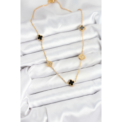 Mey İthalat® 316L Çelik Zincir Gold Renk Siyah ve Zirkon Taşlı Baby Boy Yonca Kadın Kolye