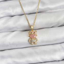 Mey İthalat® 316L Çelik Zincir Gold Renk Teddy Bear Model Zirkon Taşlı Kadın Kolye