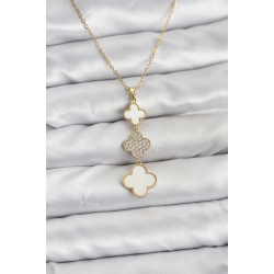 Mey İthalat® 316L Çelik Zincir Gold Renk Yonca Detaylı Zirkon Taşlı Kadın Kolye