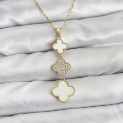 Mey İthalat® 316L Çelik Zincir Gold Renk Yonca Detaylı Zirkon Taşlı Kadın Kolye