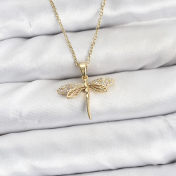 Mey İthalat® 316L Çelik Zincir Gold Renk Yusufçuk Model Zirkon Taşlı Kadın Kolye