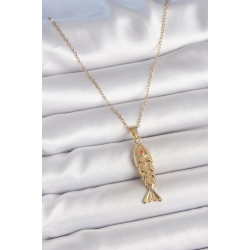 Mey İthalat® 316L Çelik Zincir Gold Renk Zirkon Taşlı Balık Figürlü Kolye