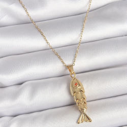 Mey İthalat® 316L Çelik Zincir Gold Renk Zirkon Taşlı Balık Figürlü Kolye