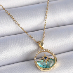 Mey İthalat® 316L Çelik Zincir Gold Renk Zirkon Taşlı Deniz Görünüm Kutup Yıldız Model Kadın Kolye