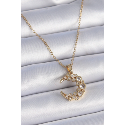 Mey İthalat® 316L Çelik Zincir Gold Renk Zirkon Taşlı Hilal Model Kadın Kolye