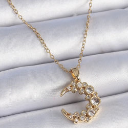 Mey İthalat® 316L Çelik Zincir Gold Renk Zirkon Taşlı Hilal Model Kadın Kolye