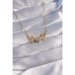 Mey İthalat® 316L Çelik Zincir Gold Renk Zirkon Taşlı Kalp Model Kelebek Detay Kolye