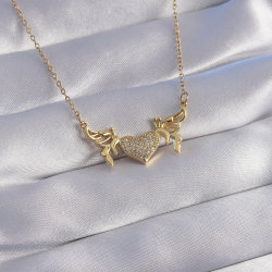 Mey İthalat® 316L Çelik Zincir Gold Renk Zirkon Taşlı Kalp Model Kelebek Detay Kolye