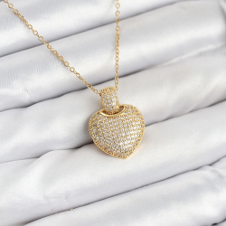 Mey İthalat® 316L Çelik Zincir Gold Renk Zirkon Taşlı Kalpli Kadın Kolye