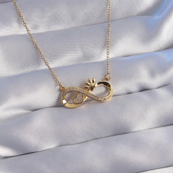 Mey İthalat® 316L Çelik Zincir Gold Renk Zirkon Taşlı Pati ve Kalp Detaylı Sonsuzluk Kolye