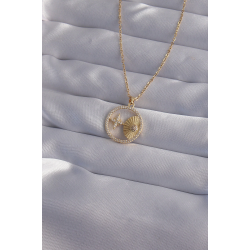 Mey İthalat® 316L Çelik Zincir Gold Renk Zirkon Taşlı Yıldız Figürlü Oval Kolye