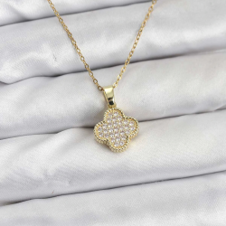 Mey İthalat® 316L Çelik Zincir Gold Renk Zirkon Taşlı Yonca Model Kadın Kolye