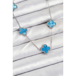 Mey İthalat® 316L Çelik Zincir Gümüş Buz Mavisi Renk Yonca Kadın Kolye