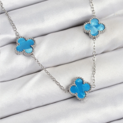 Mey İthalat® 316L Çelik Zincir Gümüş Buz Mavisi Renk Yonca Kadın Kolye