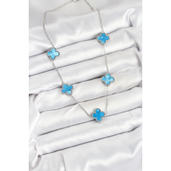 Mey İthalat® 316L Çelik Zincir Gümüş Buz Mavisi Renk Yonca Kadın Kolye