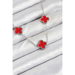 Mey İthalat® 316L Çelik Zincir Gümüş Kırmızı Renk Yonca Kadın Kolye