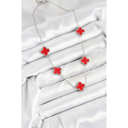 Mey İthalat® 316L Çelik Zincir Gümüş Kırmızı Renk Yonca Kadın Kolye