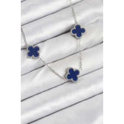 Mey İthalat® 316L Çelik Zincir Gümüş Lacivert Renk Yonca Kadın Kolye